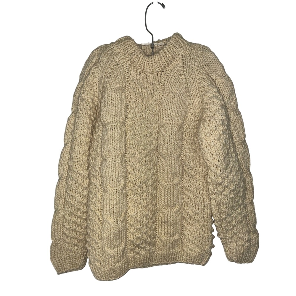 Handmade Cable Knit Sweater Kids Size M Cream Chunky Fisherman Aran Pullover